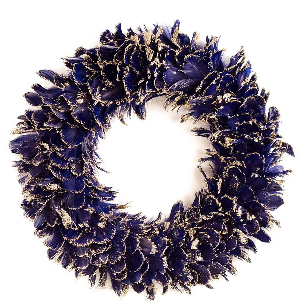 Feather Wreath With Glitter Tips 17 inch Base 18 inch DIA --Navy/Gold Glitter