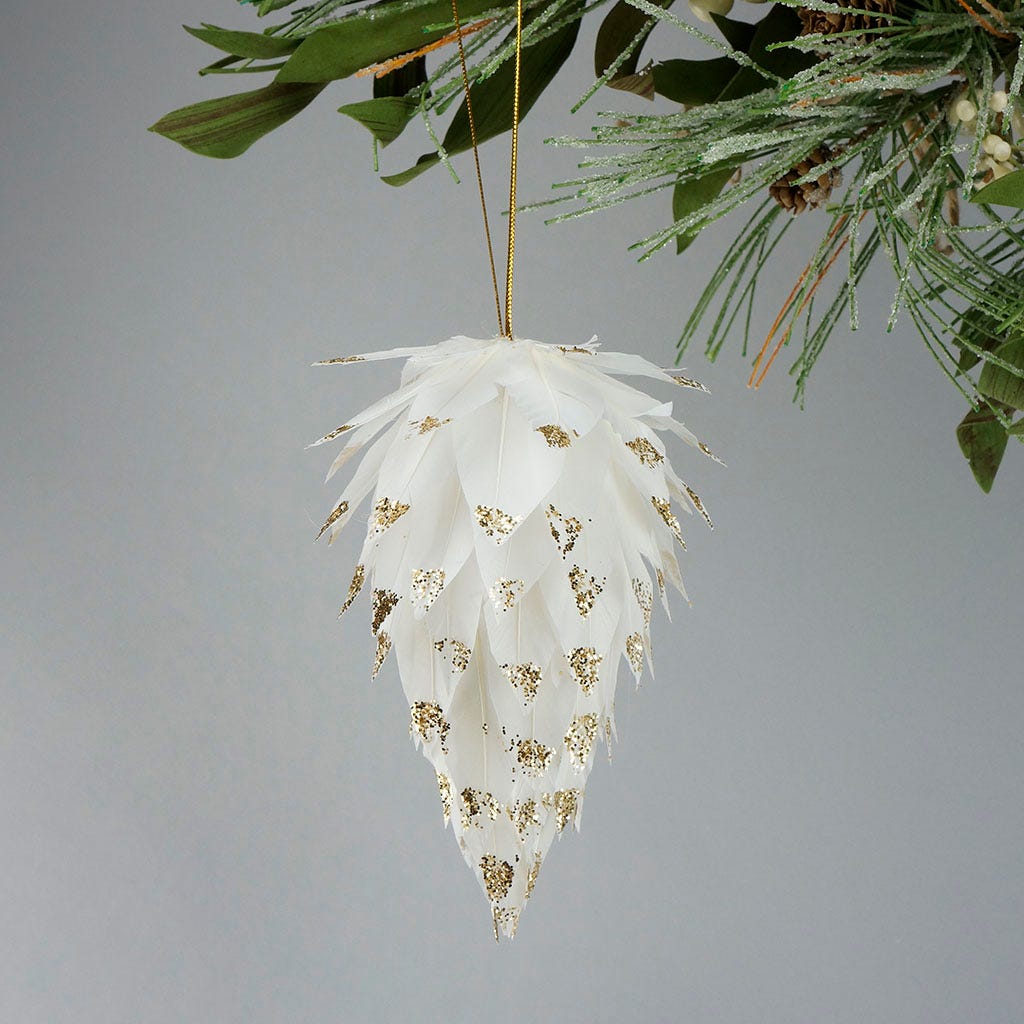 Pine Cone Ornament With Glitter 6 inch --White/Gold Glitter