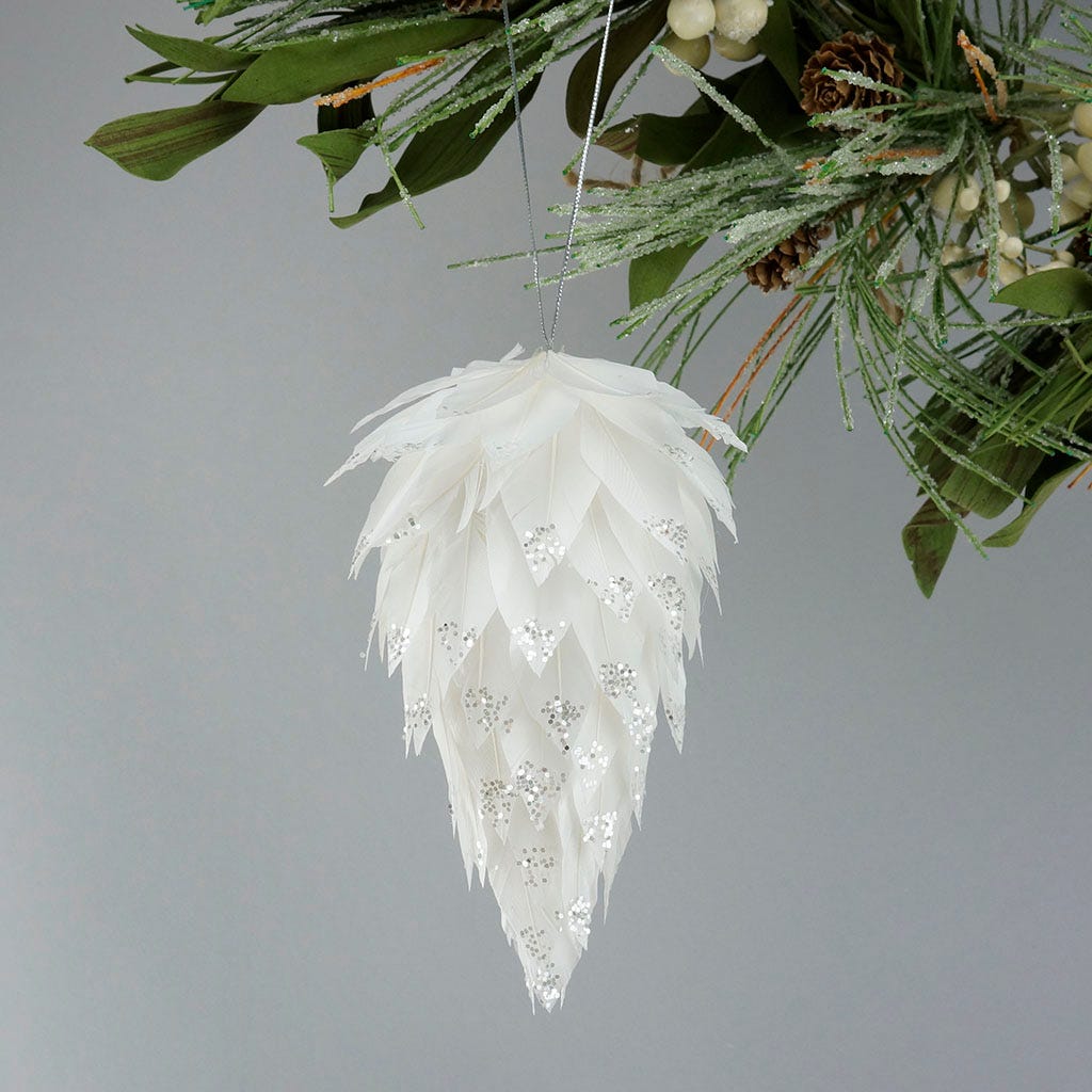 Pine Cone Ornament With Glitter 6 inch --White/Silver Glitter