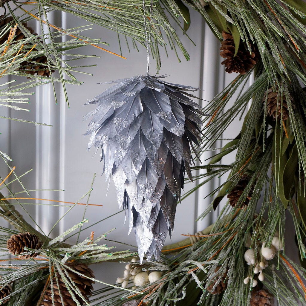 Pine Cone Ornament With Glitter 6 inch --Silver/Silver Glitter