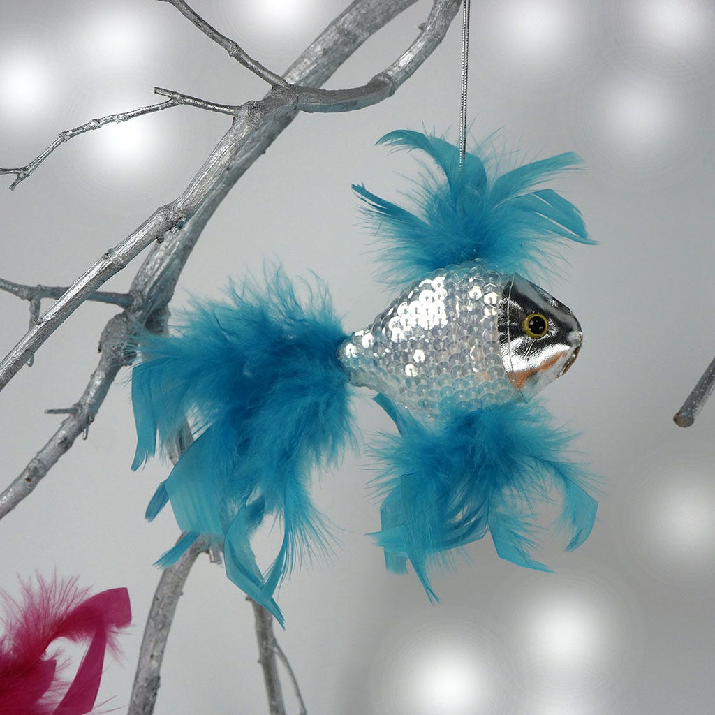 Silver Fish Ornament With Chandelle 6 x 6 inch --Dark Turquoise