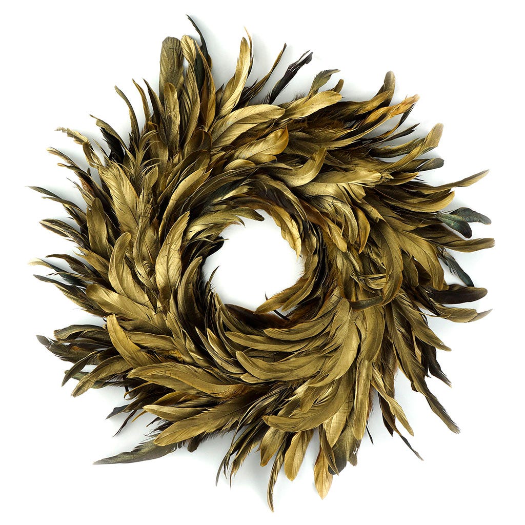 Rooster Feather Gilded Metallic Wreath 11.5 inch Base 14-16 inch DIA   --Gold