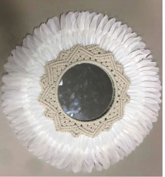 Wall Decor Mirror With Macrame 7 inch Mirror 18-20 inch DIA  --White/Beige