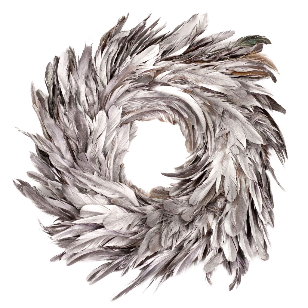Rooster Feather Gilded Metallic Wreath 14 inch Diameter --Silver
