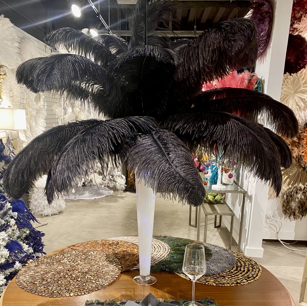 Ostrich Centerpiece 24 inch Trumpet Vase/Clear Water Gel Beads/Lights/25 pc Prime Feathers 17-25 inch --Black