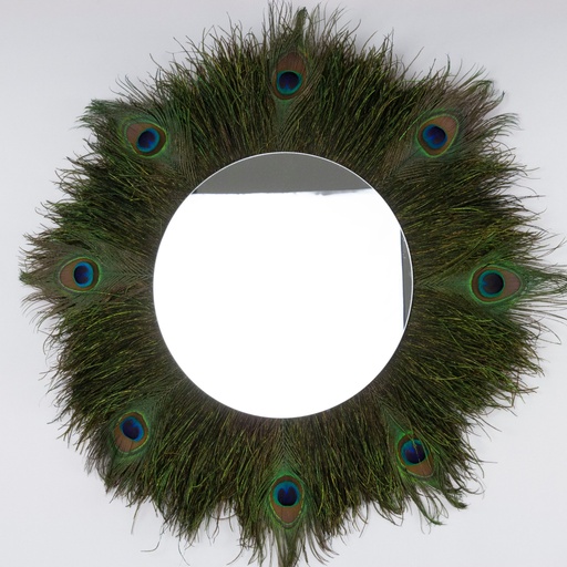[WHD-CMIRPF--SLV-N] Peacock Flue Feather Mirror with Natural Peacock Eyes 12 inch Mirror 24 inch DIA --Silver/Natural