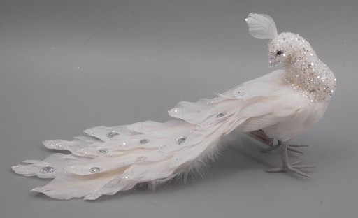 [BBIRD15--W-SLV] Feather Bird Ornament With Glitter 15 inch --White/Silver Glitter