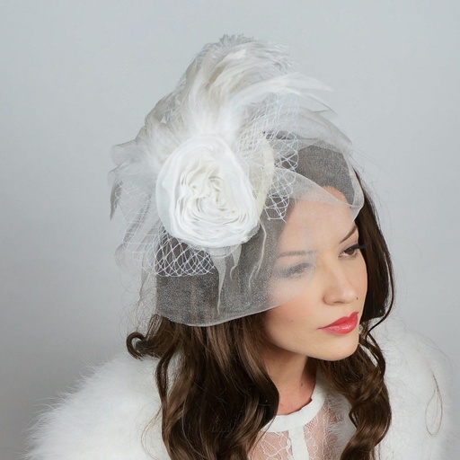 [FCF-BLANCA--W] Blanca Fascinator Ostrich/Rooster Schlappen --White