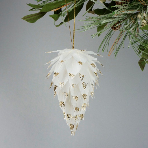 [O6D-2--W-GO] Pine Cone Ornament With Glitter 6 inch --White/Gold Glitter
