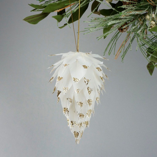 [O6D-2--W-GO] Pine Cone Ornament With Glitter Tips 6 inch --White/Gold Glitter