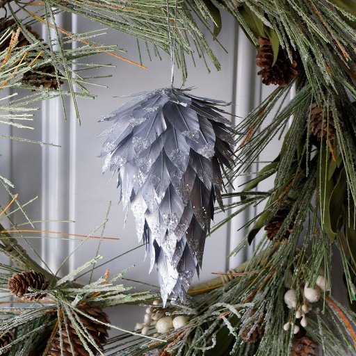 [O6DG-2--SLV] Pine Cone Ornament With Glitter 6 inch --Silver/Silver Glitter